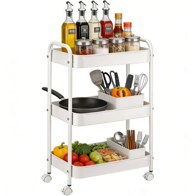 3 Tier Rolling Cart, Metal Utility Cart with 4 Hooks, Rolling Storage Cart on Wheels, Small Organizer Cart for Nursery, Kitchen, Living Room, Bathroom