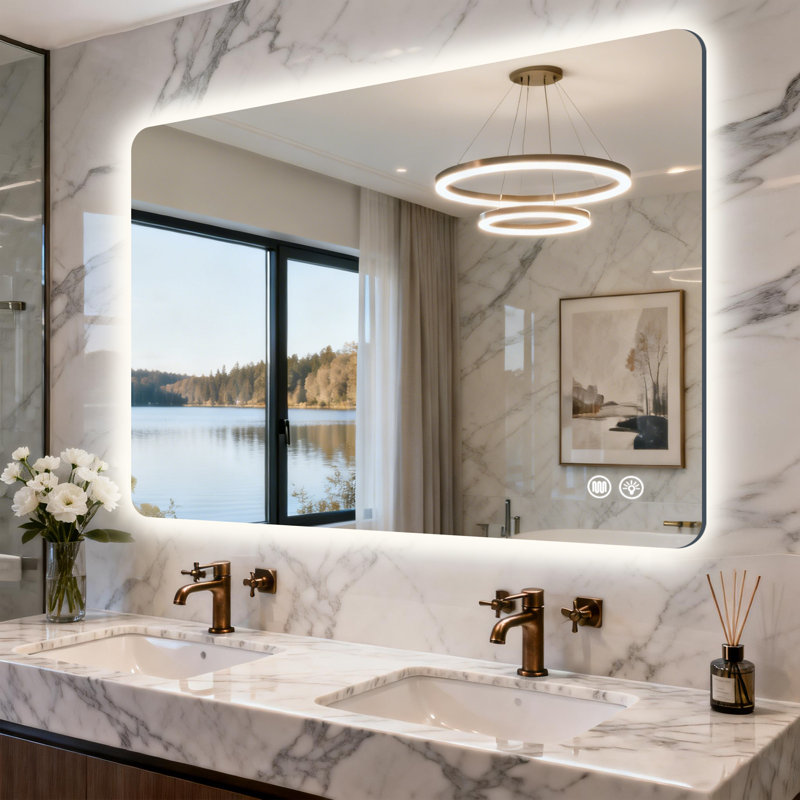 Tempered Glass Backlit Led Bathroom Mirror, Gym Mirror, Equipped With Anti-Fog Functionality, Supporting Three Color Temperature Settings And Stepless Dimming.