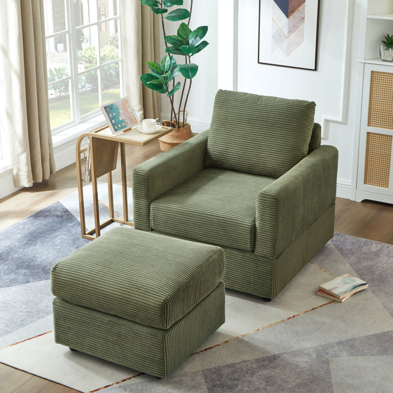 Classic Corduroy Chaise Lounge, Comfy Sofa Chaise Couch Chair, Upholstered Accent Chair With Ottoman For Living Room, Green