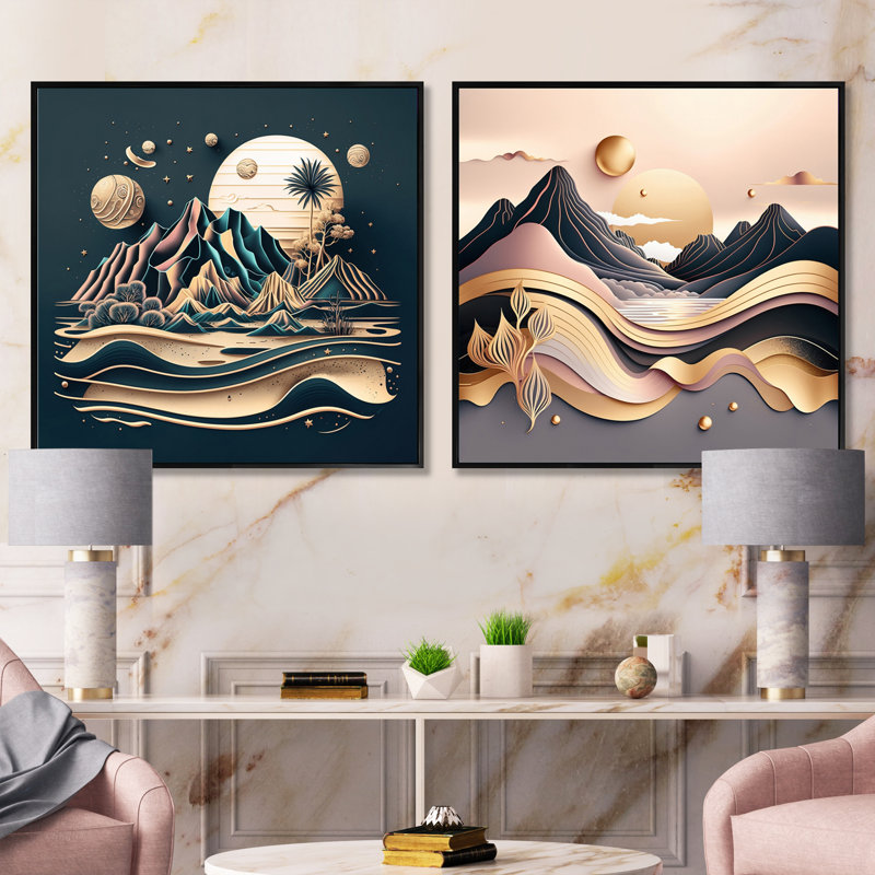 Vue de plage dorée métallique - ensemble de 2 collages de formes carrées abstraites, Cadre flottant noir, H 30 po x l 61 po