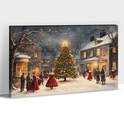  Décoration murale de Noël sur toile, impressions sur toile Vintage Winter Village, art mural des Fêtes enneigées avec arbre, peinture murale festive pour le salon, affiche de photos de Noël en famille, 24 po x 32 po
