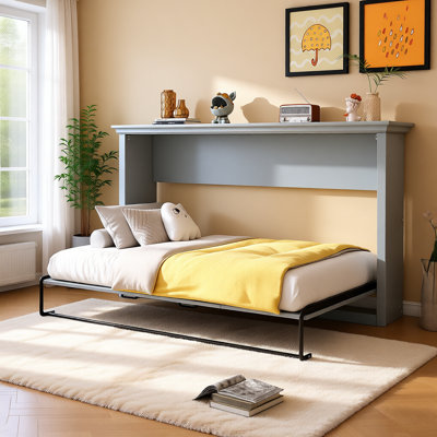 Modern Twin Size Murphy Bed Cabinet with Foldable Design, Space-Saving Metal Frame Wall Bed with Pine Slats Support, Gray Finish, No Box Spring Needed