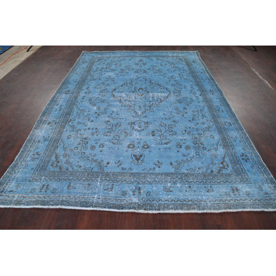 Tapis bleu en laine noué à la main de conception unique 6 pi 8 po x 9 pi 6 po années 1960