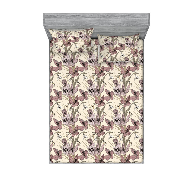 Ambesonne Fitted Sheet & Shams, Sage Green/Dried Rose Floral, King Sheet Set with 2 Pillowcases