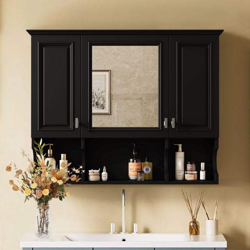 Armoire de rangement murale moderne avec tablettes ouvertes, Noir mat