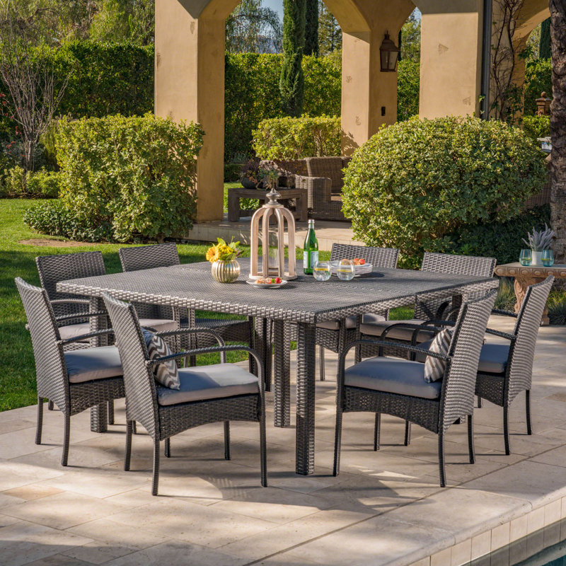 8 - Person Patio Dining Set with Square Table, Gray Frame / Gray Cushion
