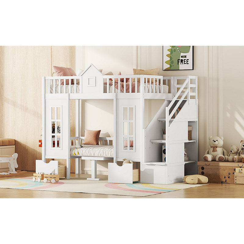 Lit superposé avec table interchangeable, lit superposé se transformant en lit supérieur et bureau en duvet, Blanc