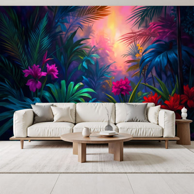 Peel and Stick Wallpaper Tropical Jungle Vibrant Pink Red Flowers Amidst Dense Greenery Wall Murals 69"H x 96"W Removable PVC Wall Paper Self-Adhesive Wall Decor for Bedroom Living Room Home Office