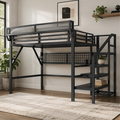 Lit mezzanine double avec station de charge, lit mezzanine double en métal avec éclairage et rangement, lit mezzanine haute avec garde-robe et rangement pour enfants, adolescents, adultes, noir