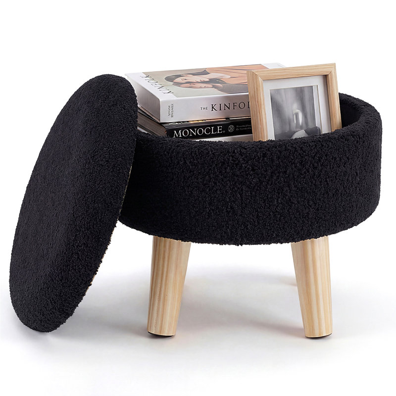 Modern Round Footrest with Soft Padded Seat, Teddy Velvet Footstool with Wood Legs, Black