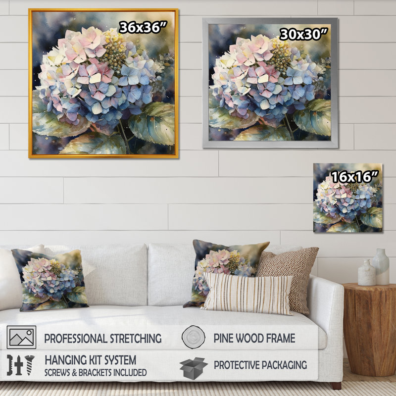 Mauve et hydreangea III - imprimé, H 24 po x l 24 po x P 1 po, Cadre flottant noir