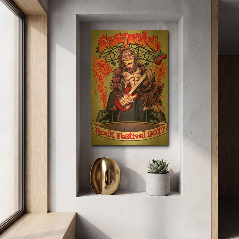 «Sasquatch Guitar Player» par Flyland Designs, art mural en métal doré, 12 po x 16 po, 12 po x 16 po