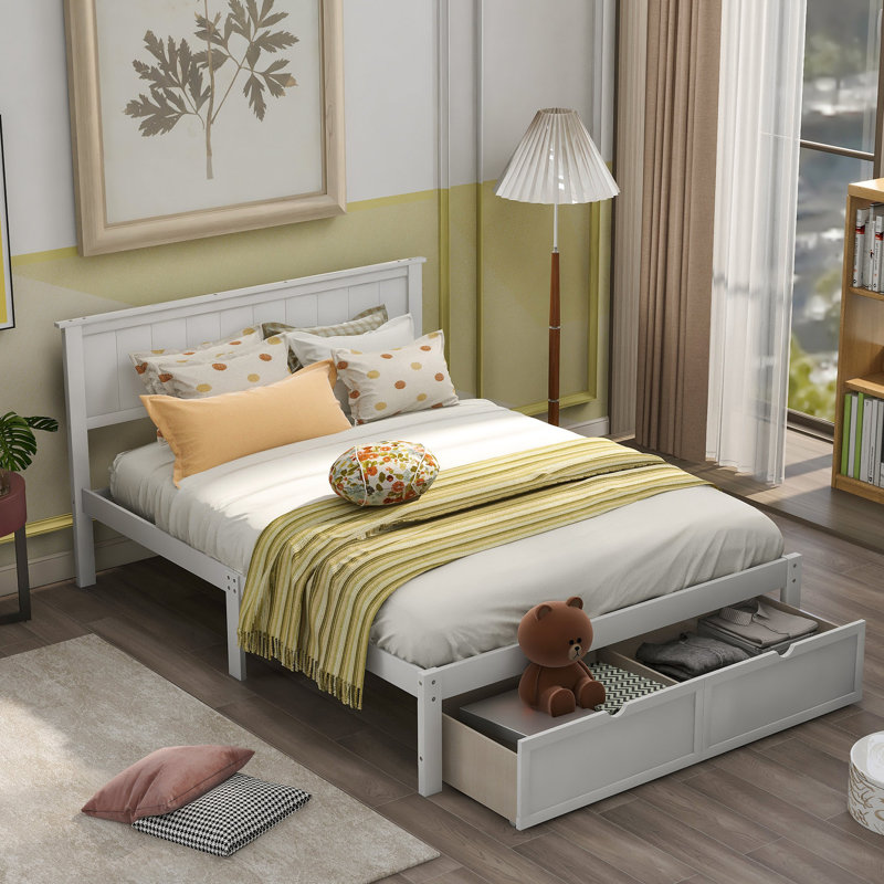 Lit plateforme de taille blanche avec des configurations pratiques sous les tiroirs - Bois de pin et pour une chambre à coucher pratique