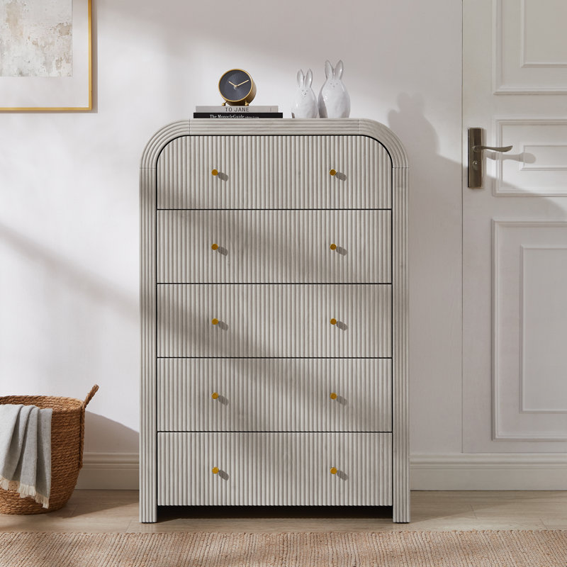 Fluted 5 Drawers Dresser For Bedroom, 48" Tall Modern Chest Of Drawers For Bedroom, Living Room, Hallway, Alder White
