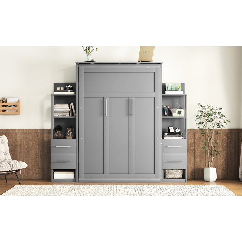 Lit avec garde-robe latérale et rangement de tiroir - Utilisez l'espace à bon escient, Double, Gris
