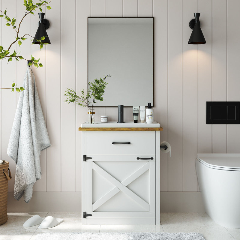 24 Inch Bathroom Vanity with Drawer & Barn Door, White