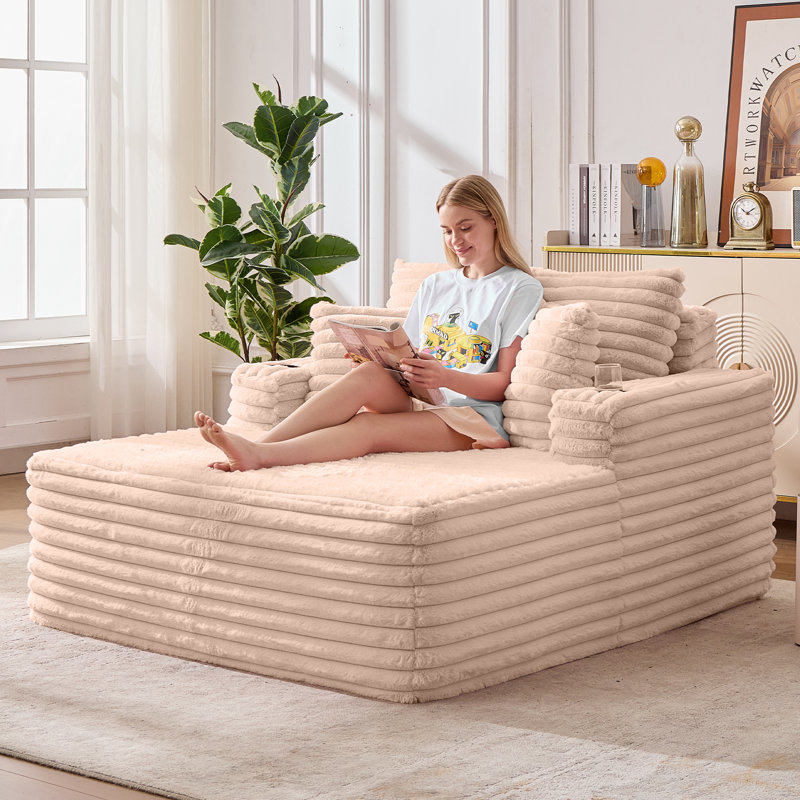 Oversized Chaise Lounge Chair Indoor, Compression，53 Inch Upholstered Sofa Bed with Throw Pillows and Armrests,Cup Holder, Comfy Corduroy Sleeper Couch for Living Room, Bedroom, Office,No Assembly Required