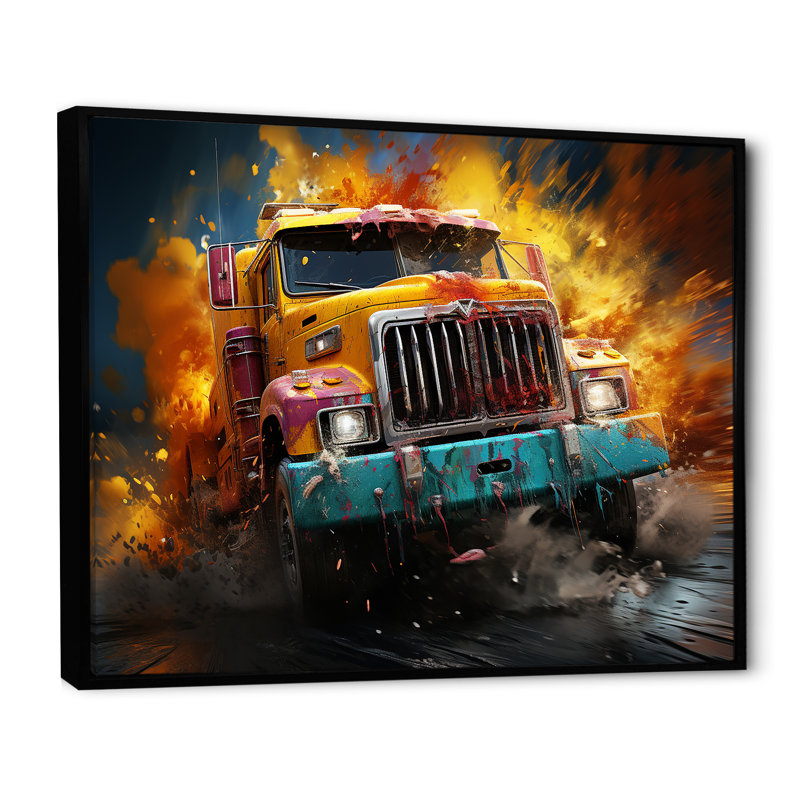 «Expressionist Monster Truck Fury II» sur toile, Cadre flottant noir, H 16 po x l 32 po x P 1 po