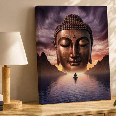 Toile, scène sereine représentant un art de Bouddha en bronze colossal et minutieusement détaillé se profilant sur une silhouette tranquille assise sur une toile