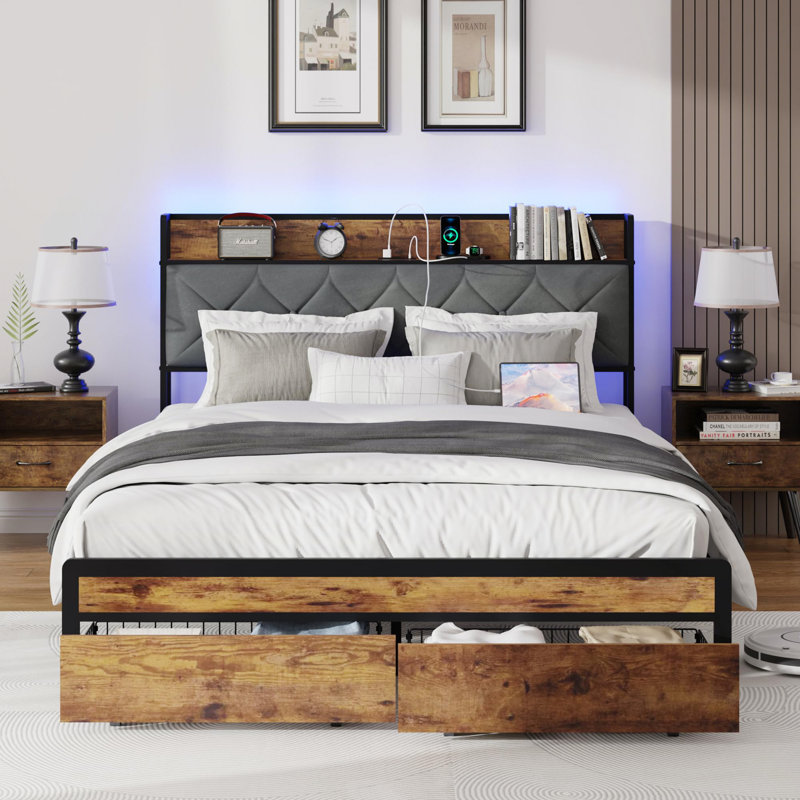 Metal Platform Bed Frame with Velvet Button-Tufted Headboard, 2 Storage Drawers, LED Light & USB Charging Port, Heavy Duty, Brown Wooden Panel, No Box Spring Needed
