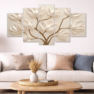 White Magnolia Tree Glow II - Magnolias Wall Art Living Room 5 Panel