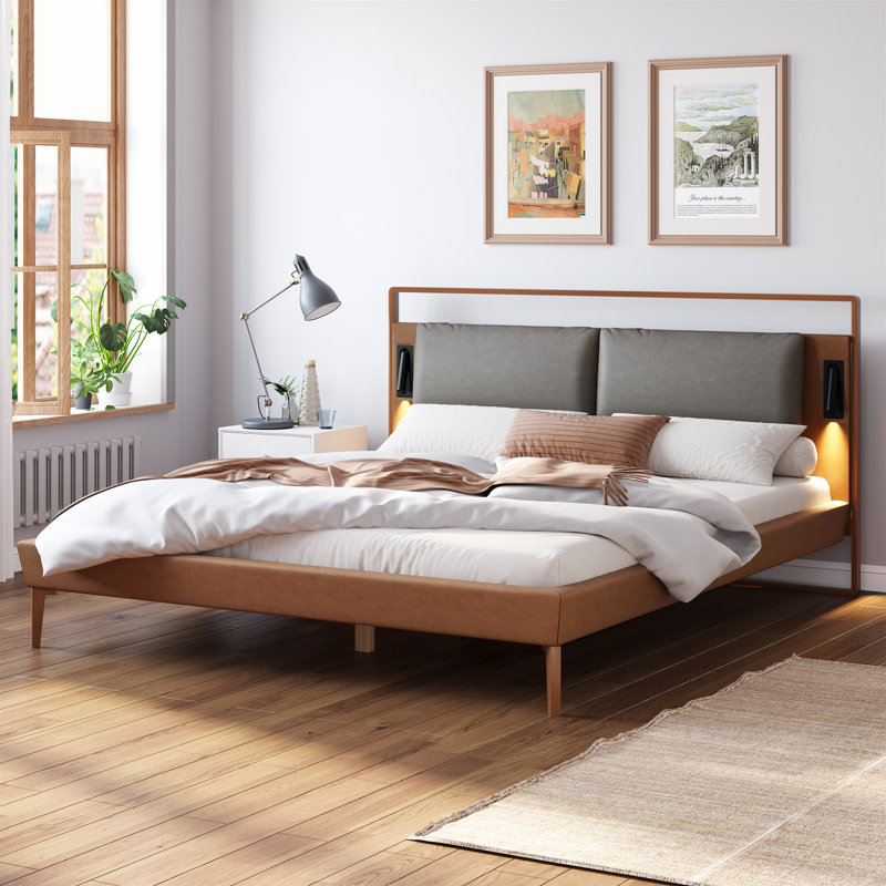 Lit luxueux en cuir avec veilleuses et fabrication robuste, Grand