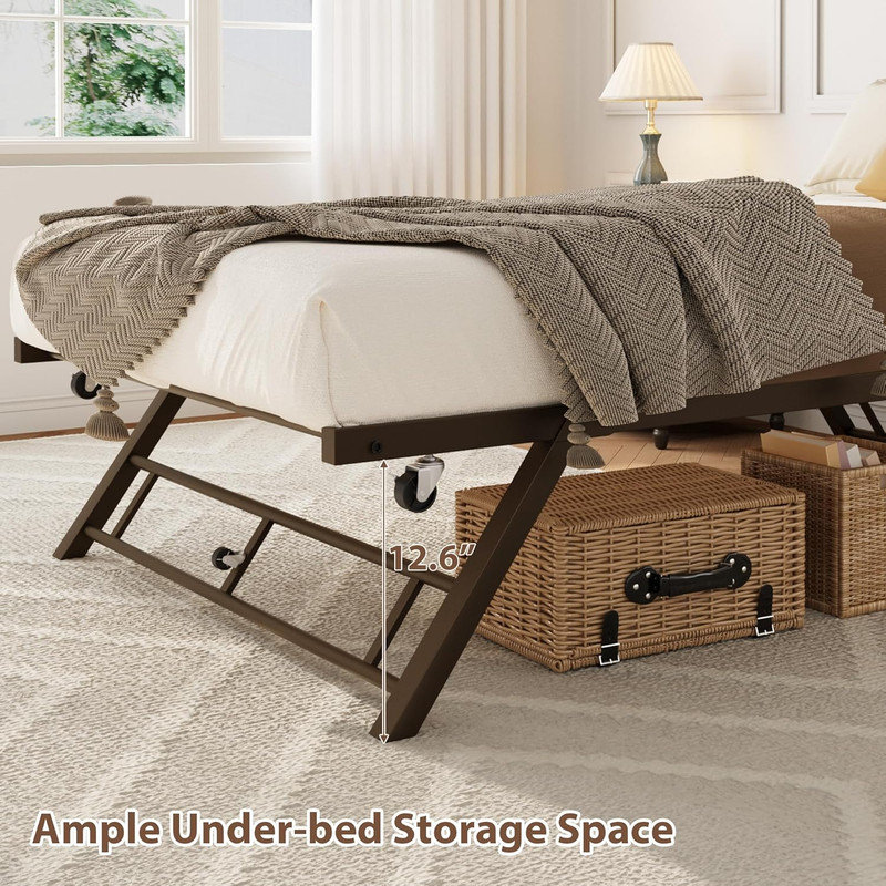 Twin Pop Up Trundle Bed Frame with Lockable Casters, Foldable Metal Platform for Daybed, Brown