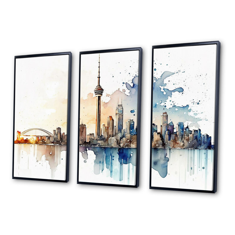 Toronto Skyline I - 3 pièces sur toile, Cadre noir, H 28 po x l 36 po