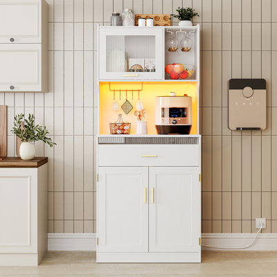 67" Kitchen Pantry Storage Cabinets with LED Lights and Charging Station