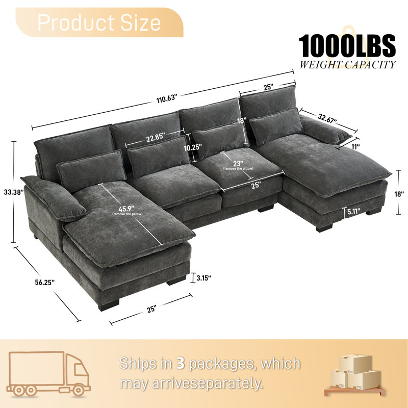 Coussin en U en chenille, Velours côtelé gris foncé