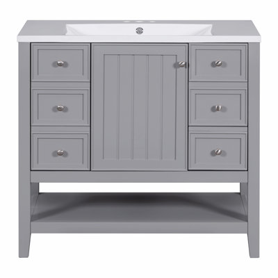 Meuble-lavabo 36 po avec lavabo, une armoire et trois tiroirs, panneau de bois massif et panneau de fibres à densité moyenne
