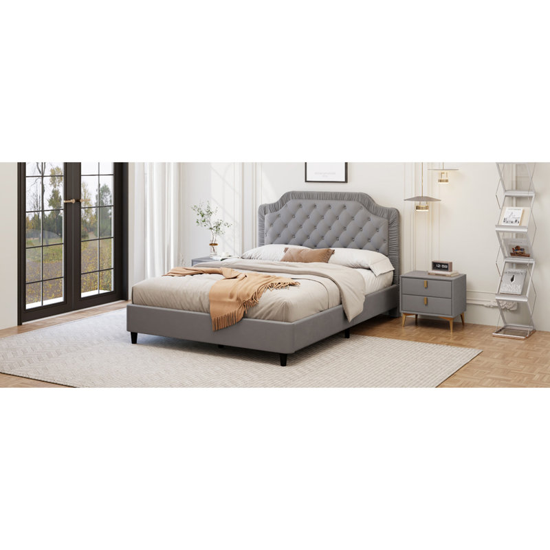 Button Tufted Velvet Upholstered Bed, Gray, Full / Double