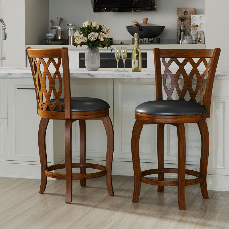 Tabouret pivotant rembourré avec structure en bois massif, Brun, Tabouret de comptoir (siège d'une hauteur de 24 p