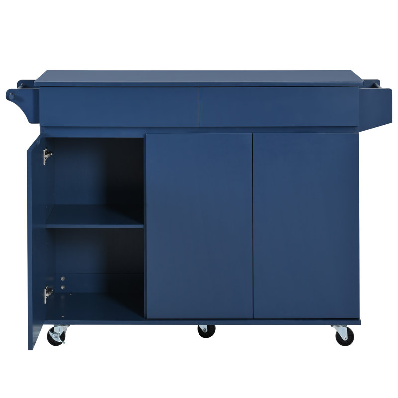  Îlot de cuisine de 53,2 po avec abattant, chariot de rangement de cuisine avec support à épices, porte-serviettes et 2 tiroirs, îlot de cuisine sur roulettes avec tablettes réglables pour la cuisine, la salle à manger, bleu marine