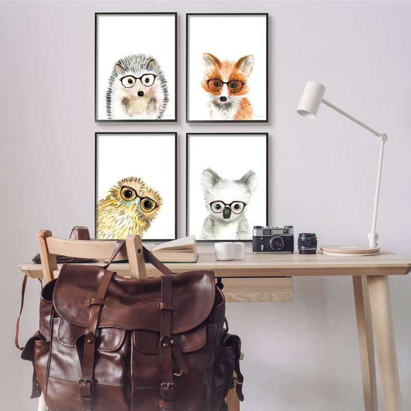 Adorable Forest Animals with Glasses Owl Fox 4pc Black Framed Giclee Oversized Texturized Art Set by Mercedes Lopez Charro