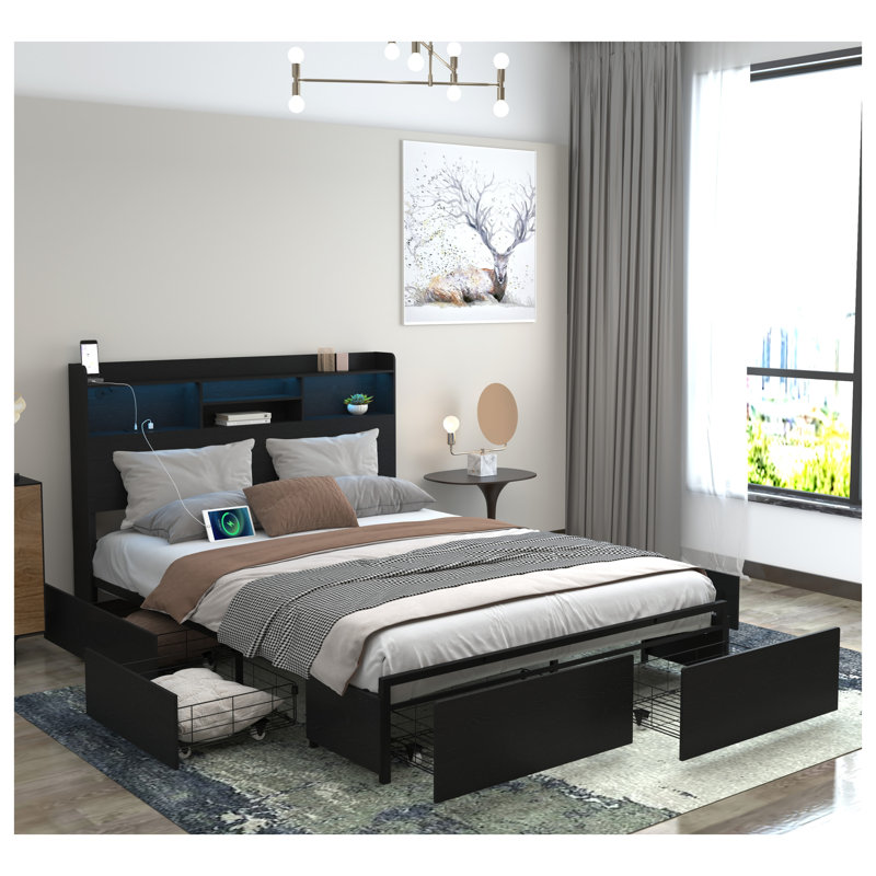 Cadre de grand lit avec 6 tiroirs de rangement Cadre de grand lit avec tête de lit et tablette de rangement, lit de rangement avec DEL et station de charge, pas de bruit, pas de sommier nécessaire, noir