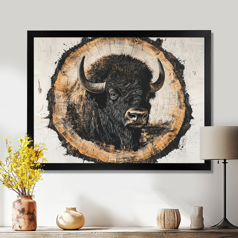 Tête de bison américain Mariluz sur bois, diapositive II - bison, art mural, H 30 po x l 40 po, Cadre simple