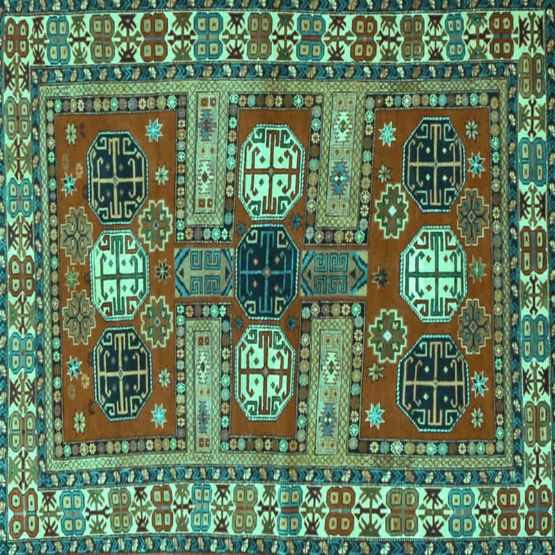 Tapis turquoise / orange / bleu marine tissé à la machine, Carré 7 pi