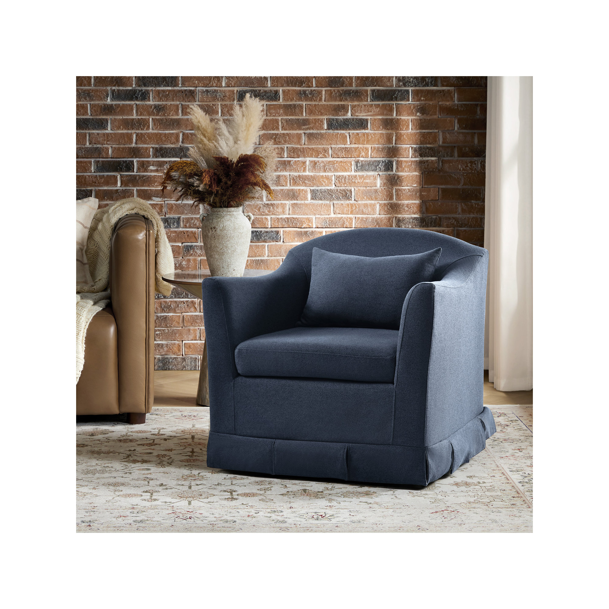 Electra Modern Farmhouse Slipcovered Swivel Armchair, Navy Polyester