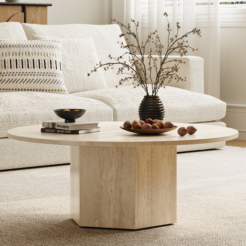 34.5" Round Wood Coffee Table, Natural Finish, Honeycomb Stable Base, Mid-Century Style