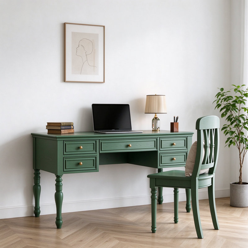 Bureau en bois massif vert avec 5 tiroirs, 30.5" H x 47.2" W x 23.6" D