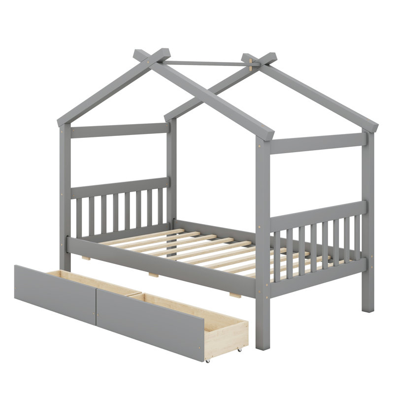 Lit en bois avec tiroirs, Gris