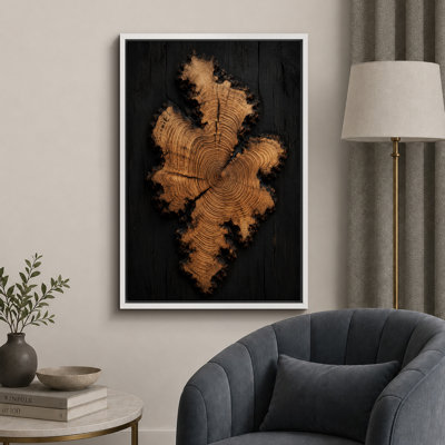 Natural Live Edge Wood Slice On Black Planks Artwork, Living Room Pictures, Framed Canvas Giclee Print Wall Art