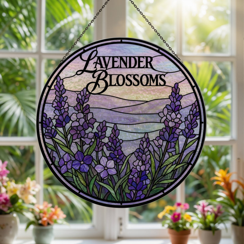 Panneau de vitrail 12 "H Lavender Blossoms, 12" H x 12" W