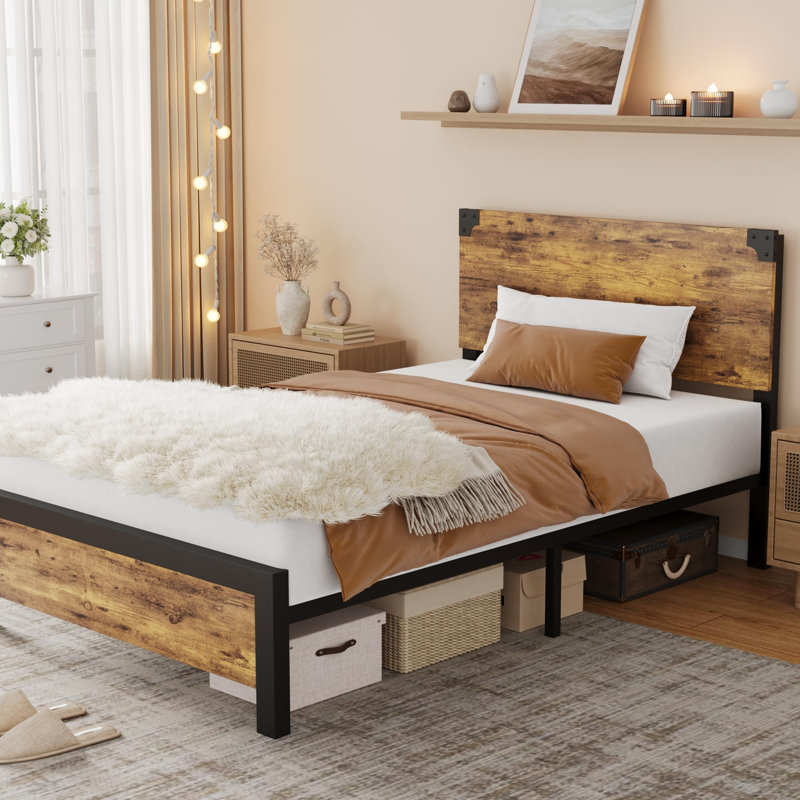 Cadre de lit avec tête de lit en bois, cadre de lit plateforme avec rangement sous le lit, Simple