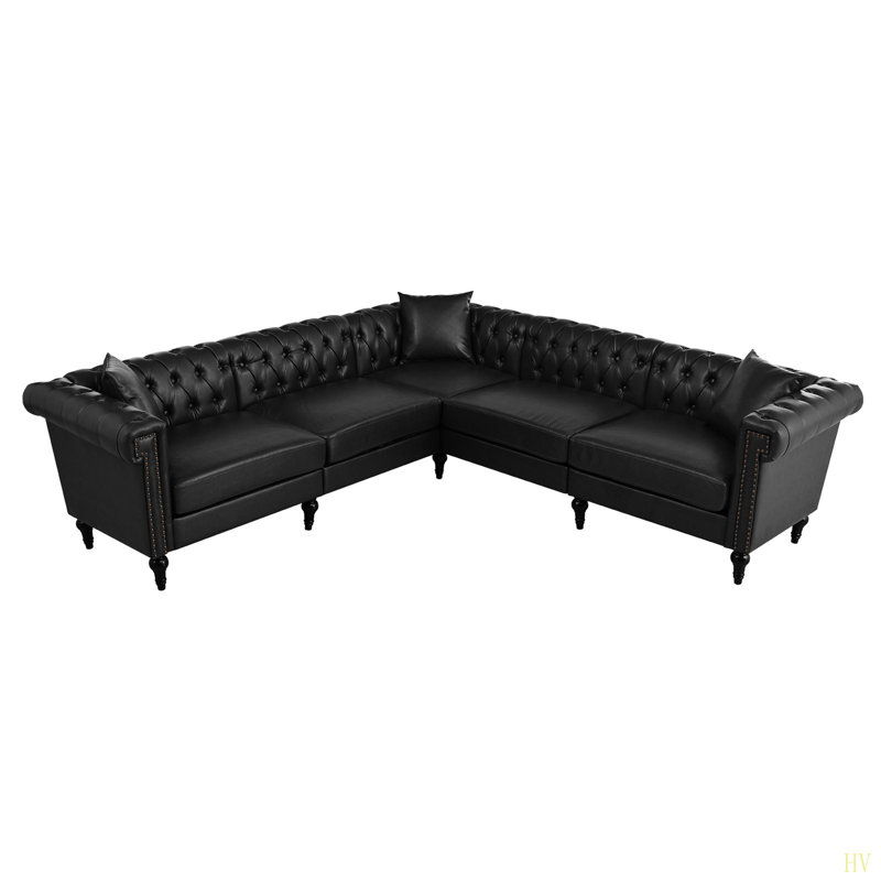 Canapé modulaire pour salon, canapé Chesterfield moderne réversible en forme de L avec accoudoirs roulés et têtes de clou, canapé capitonné à 5 places pour le similicuir en petit ou grand espace