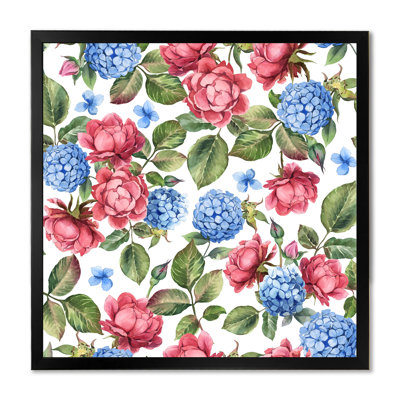 Rose rose et hortensia bleu avec feuilles sur fond blanc - reproduction d'art sur toile