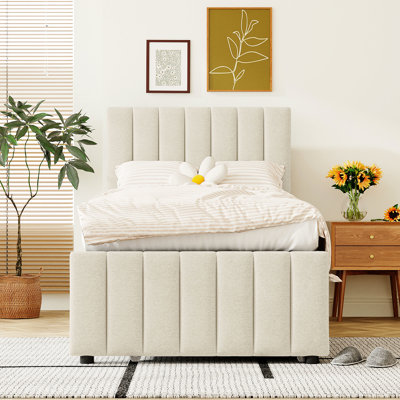 Twin Platform Bed With Upholstered Panel, Trundle And 3 Drawers Drawers, Beige Fabric