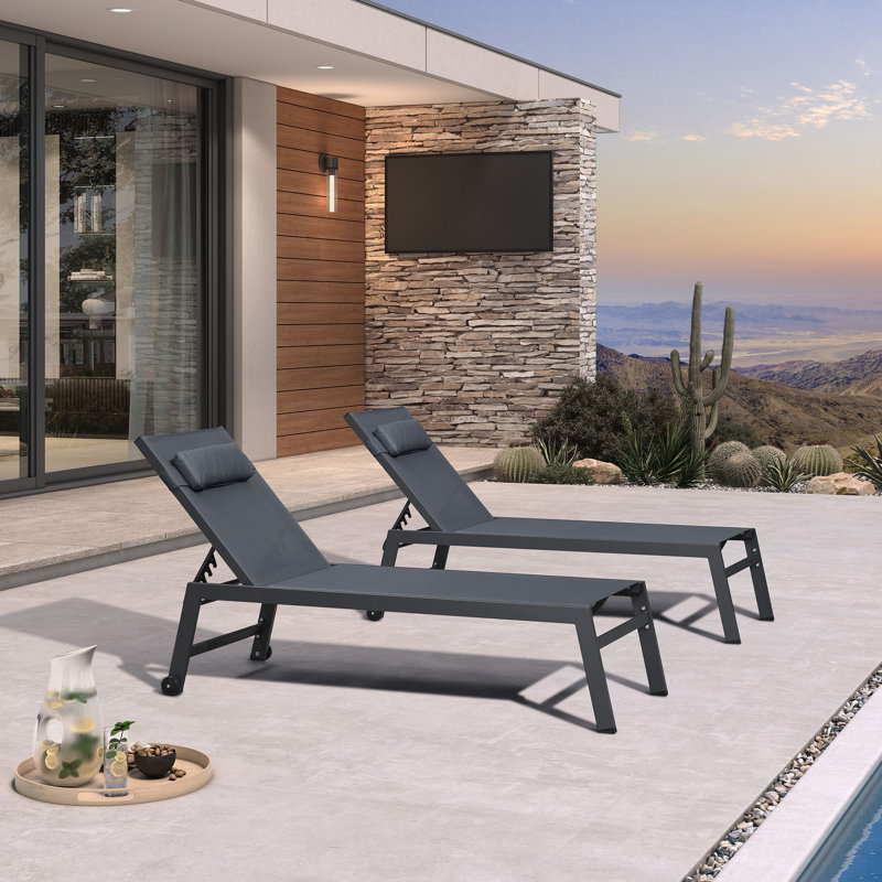 Structure d'extérieur surdimensionnée en aluminium pour chaise longue de piscine avec table d'appoint et roues, Gris