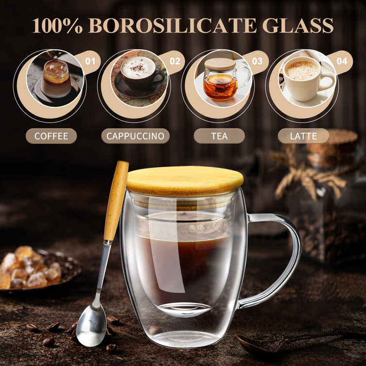 12 Sets 12 oz Double Walled Glass Coffee Mugs with Sakura  Spoon, Clear Glass Insulated Coffee Mug with Handle 2 Layers Glass Coffee  Cups Latte Cup for Cappuccino, Tea, Latte